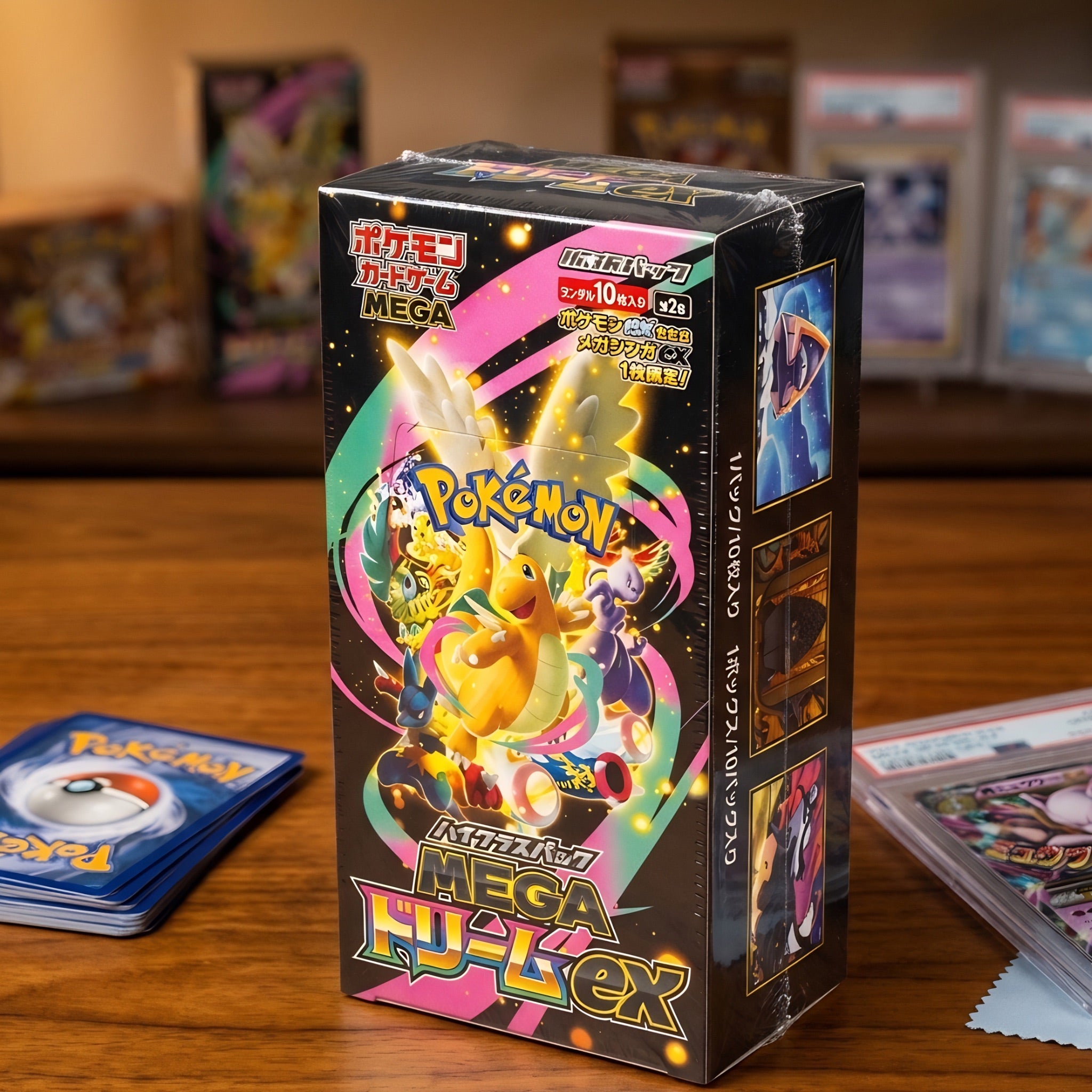 Pokémon Mega Rayquaza EX trading card game box on a wooden surface with cards in the background.