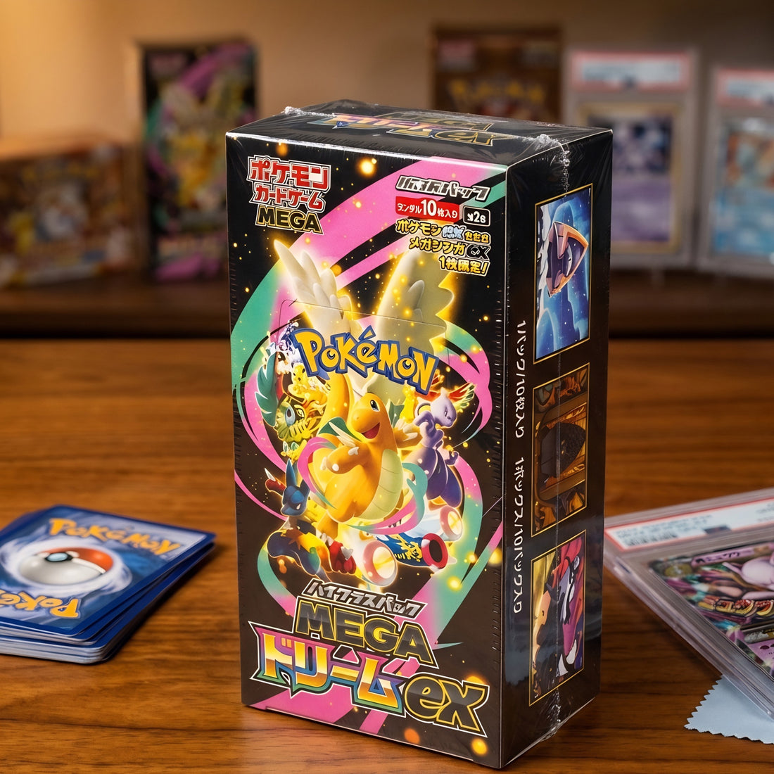 Pokémon Mega Rayquaza EX trading card game box on a wooden surface with cards in the background.