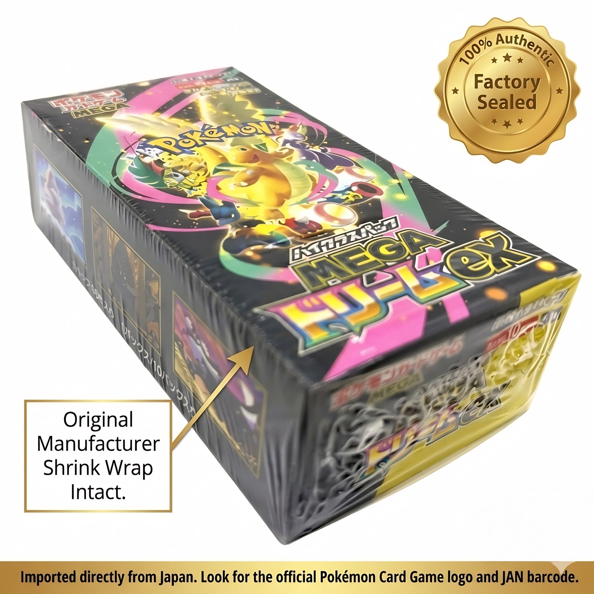 Pokémon trading card game box with 'Factory Sealed' and 'Original Manufacturer Shrink Wrap Intact' labels.