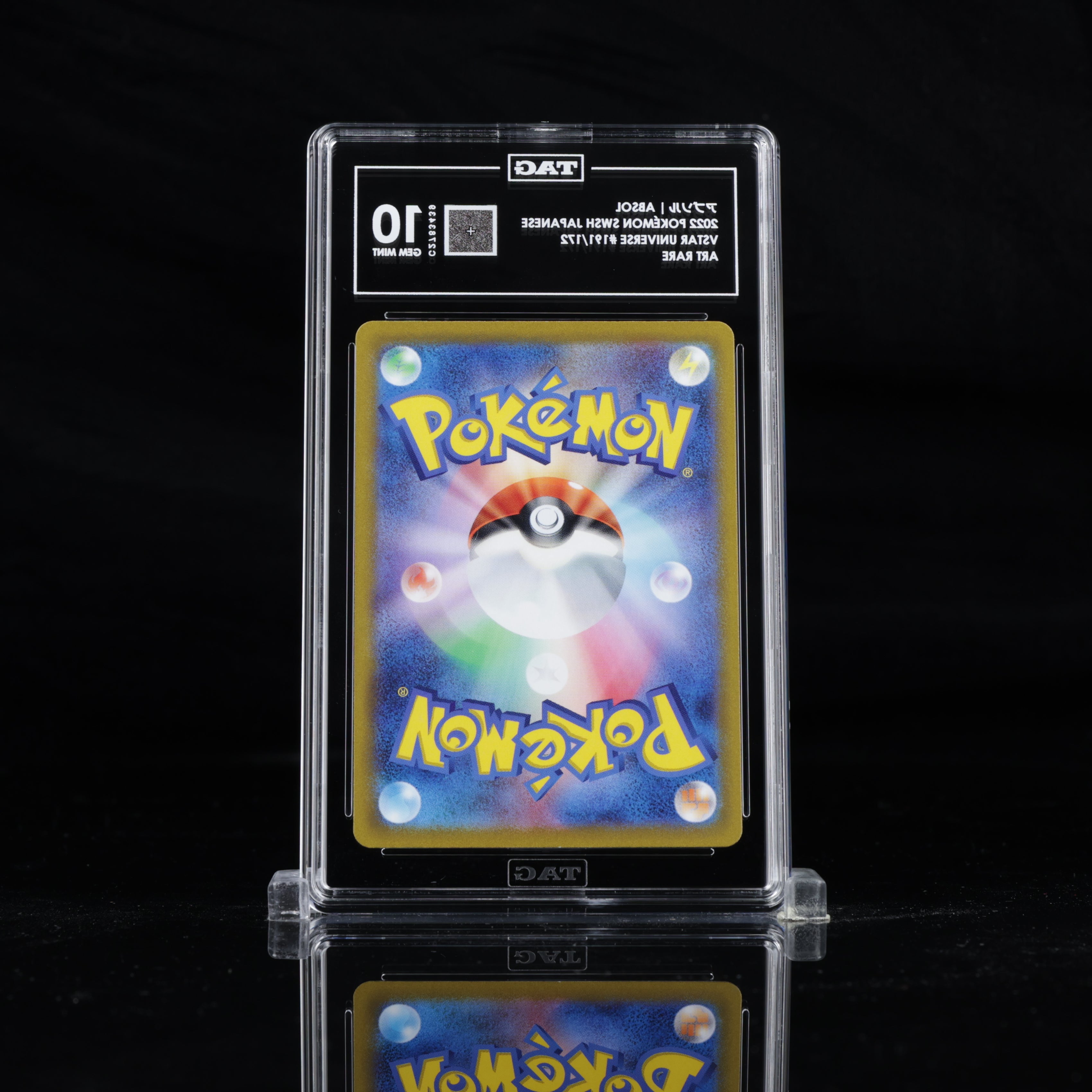 Back view of TAG slab containing Absol AR 191/172 Japanese Pokémon card, showing official Pokémon card back design and TAG grading label with GEM MINT 10 grade.