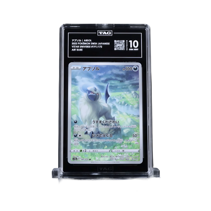 Pokémon trading card in a protective case on a white background