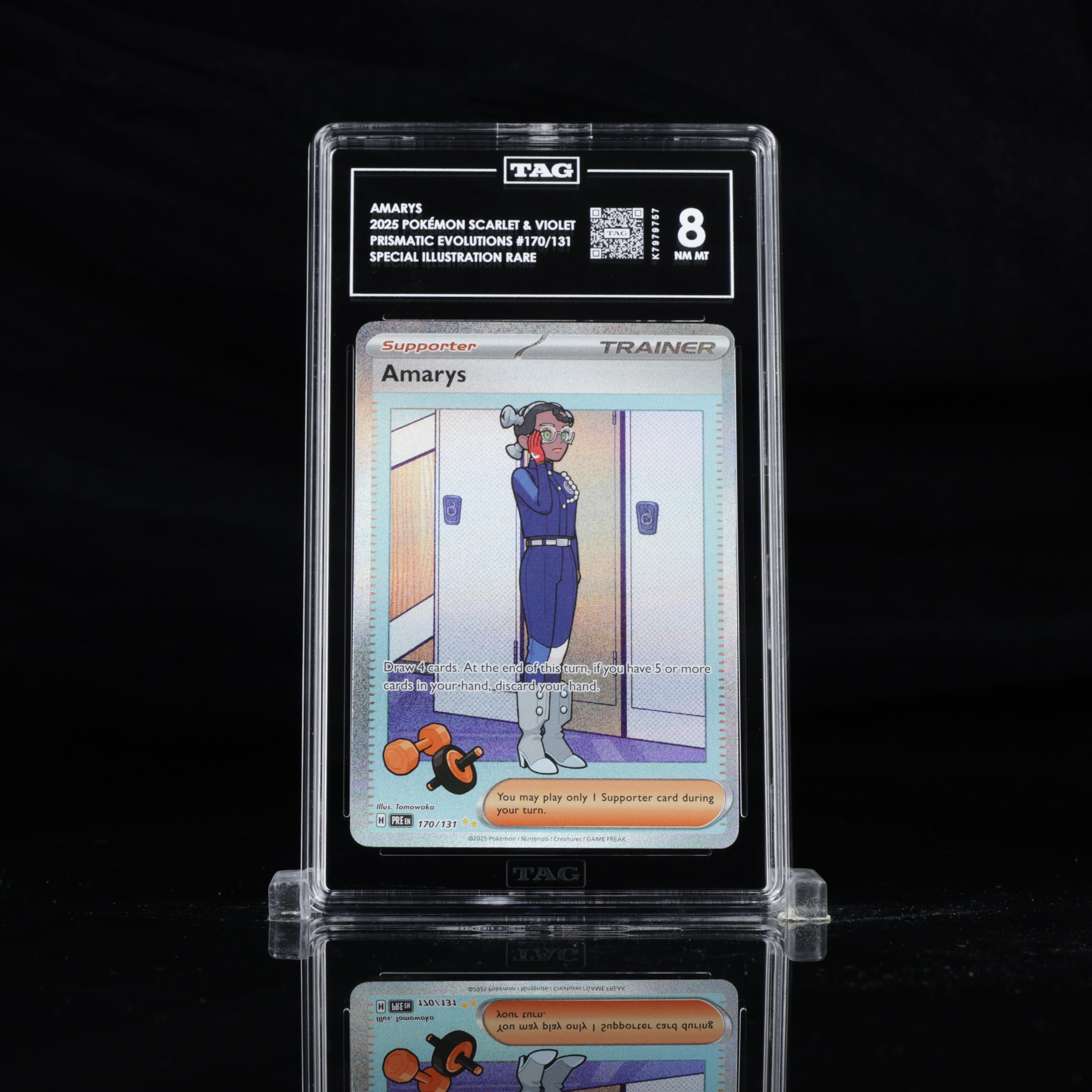 Amarys 170/131 Special Illustration Rare (SIR) English Pokémon card from Scarlet & Violet: Prismatic Evolutions, TAG graded 8 Near Mint/Mint, slabbed and authenticated for collectors