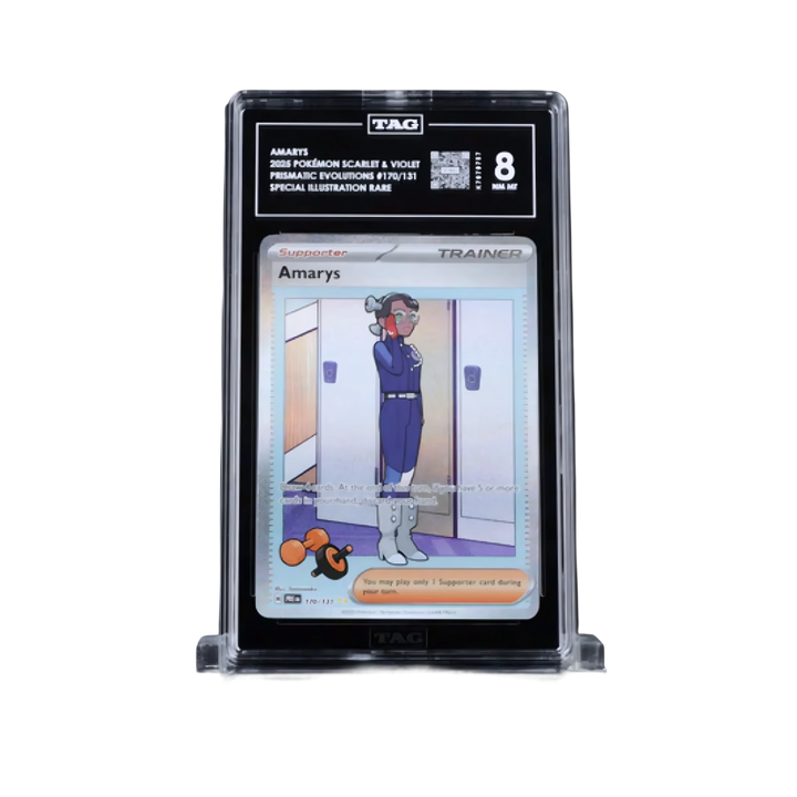 Pokémon trading card in a protective holder on a white background