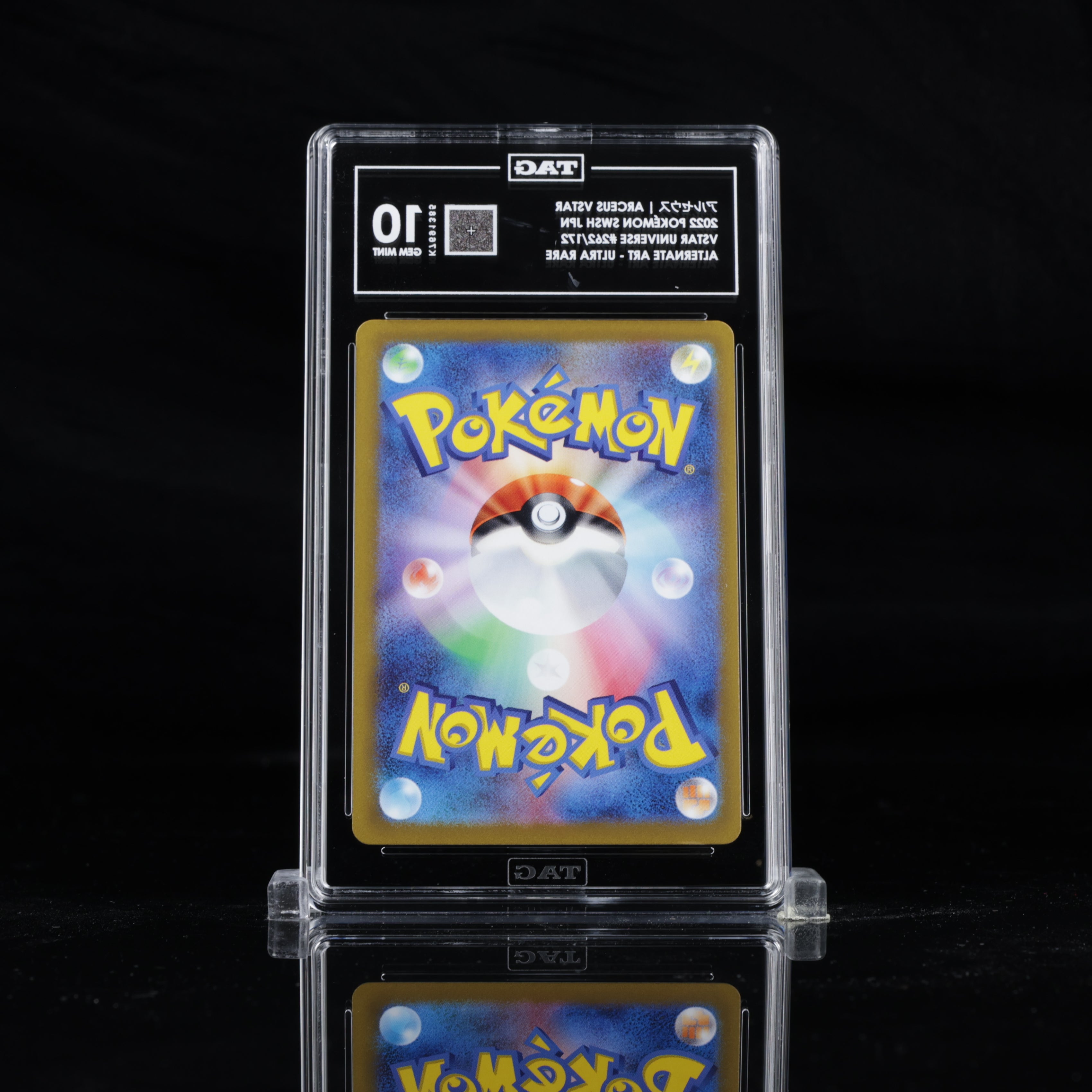 Back of TAG graded slab for Arceus VSTAR 262/172 Japanese Pokémon card – TAG label visible with grade 10 Gem Mint, securely encapsulated for protection and authenticity