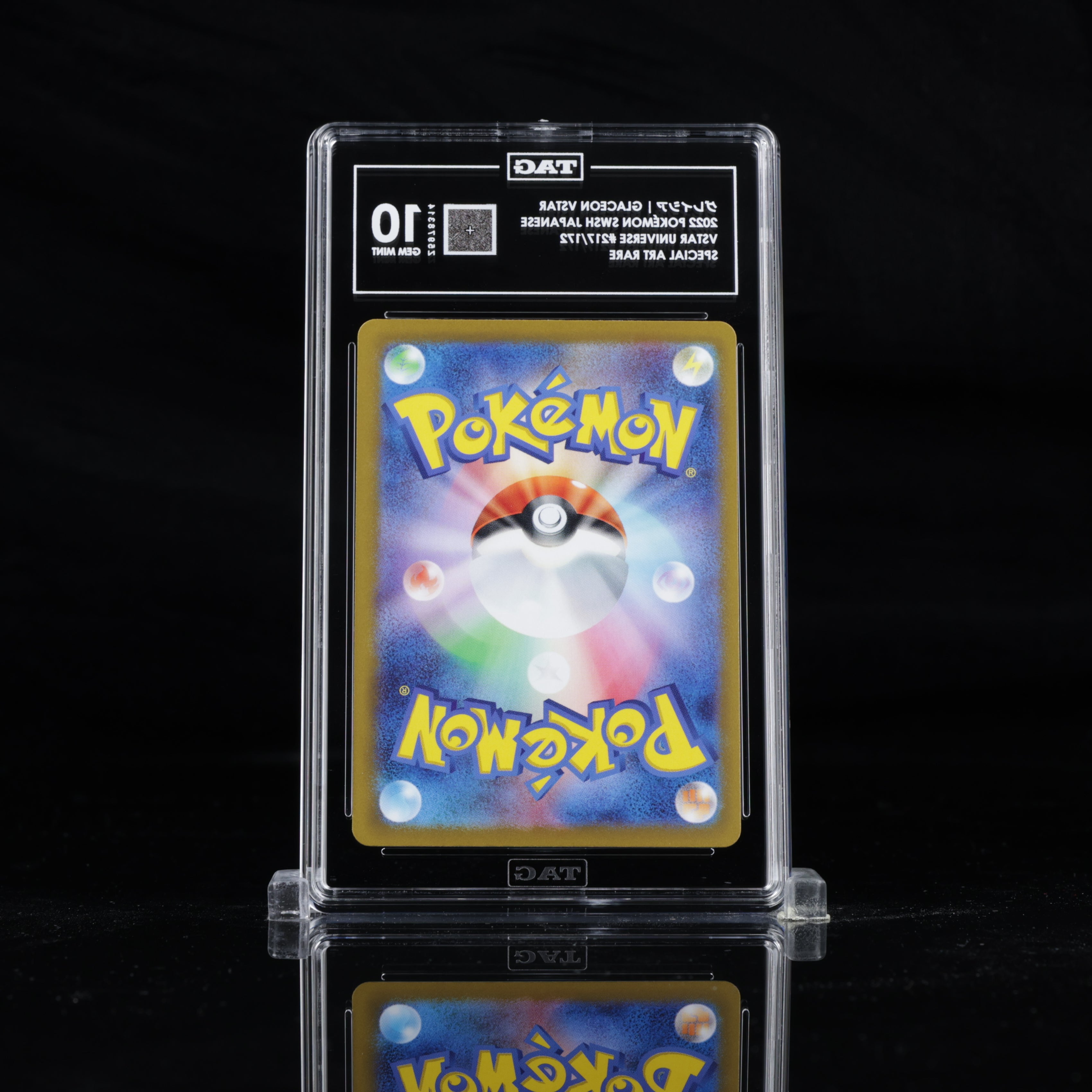 Back view of TAG graded slab for Glaceon VSTAR Special Art Rare #217/172 Japanese Pokémon card, showing authentication details and slab design.