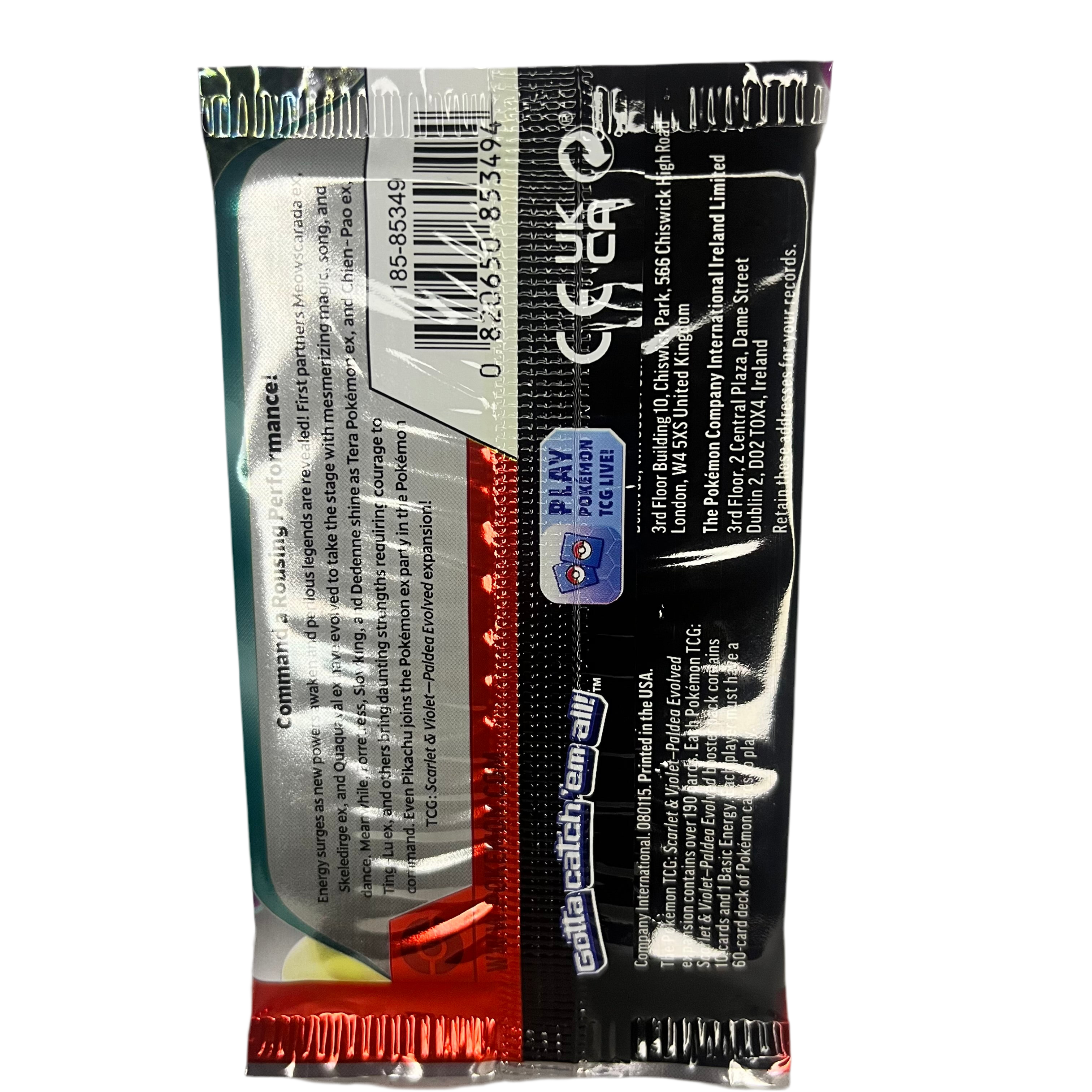 Pokemon Cards Paldea Evolved Booster Pack Back View zoomed in no background