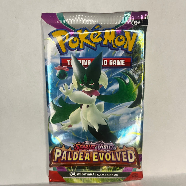 Pokémon Cards Paldea Evolved Booster Pack Front View zoomed in with background