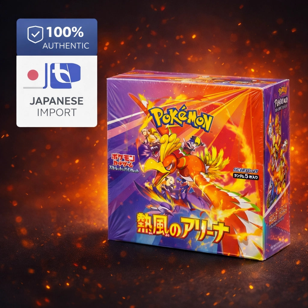  "Heat Wave" ember effects and clear "100% Authentic" badges, this image is built for trust. It highlights exactly why Jay’s Poke Hub is the go-to for Japanese Pokémon—guaranteed authenticity, fast shipping, and a box that’s as hot as the cards inside.