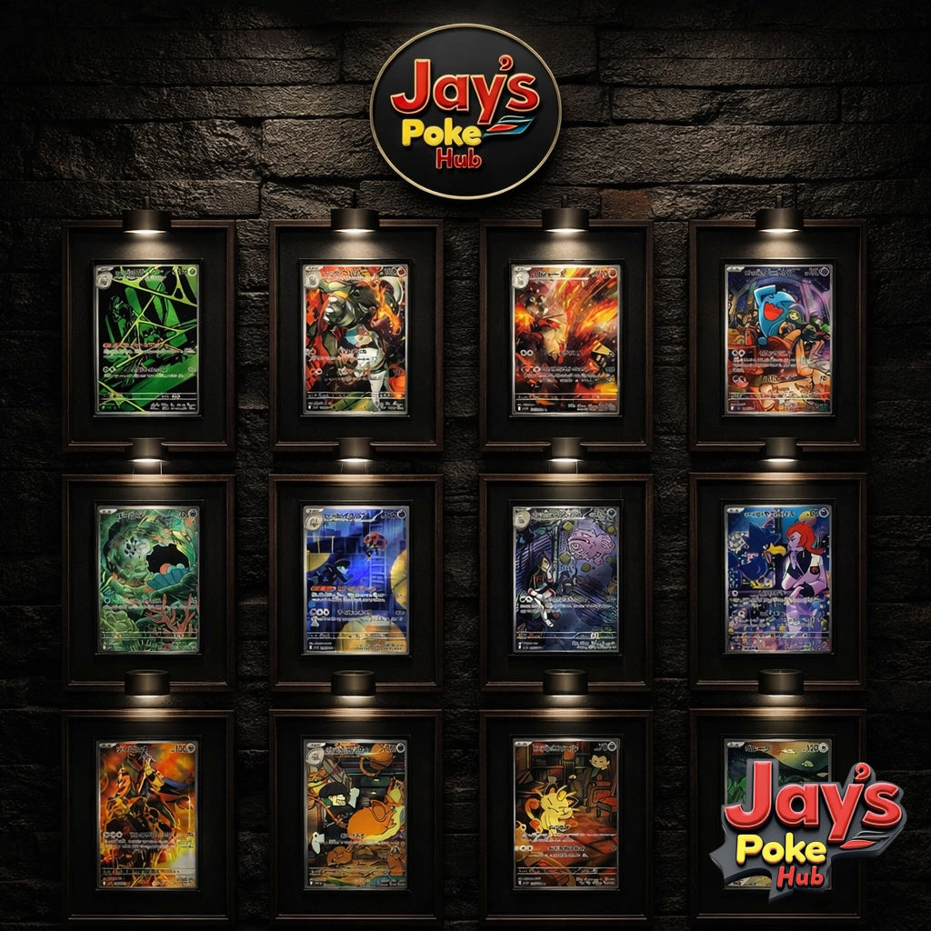 A collectors’ display wall featuring twelve high-rarity full art Pokémon cards, spotlit in sleek black frames beneath the Jay’s Poke Hub logo. Cards are showcased for visual impact and value, emphasizing the shop’s focus on rare, authentic, investment-grade singles and Japanese exclusives for serious collectors and investors.