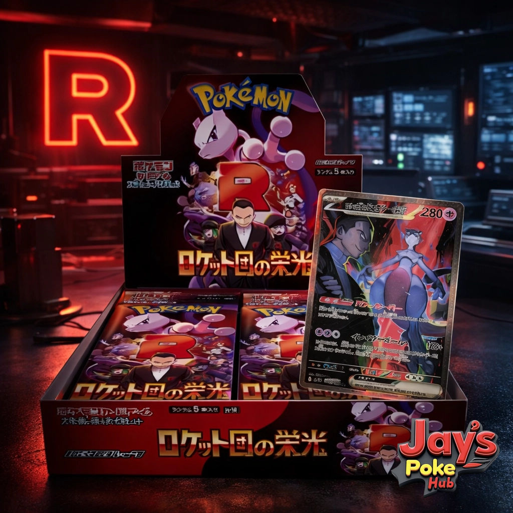 Japanese Pokémon Team Rocket-themed booster box display with sealed packs and a featured Giovanni & Mewtwo SR card in Mint condition, set in a collector-focused environment with a bold neon Team Rocket 'R' in the background; Jay’s Poke Hub logo marked in the corner. Perfect for sealed product collectors and nostalgic fans seeking authentic, rare Japanese releases.