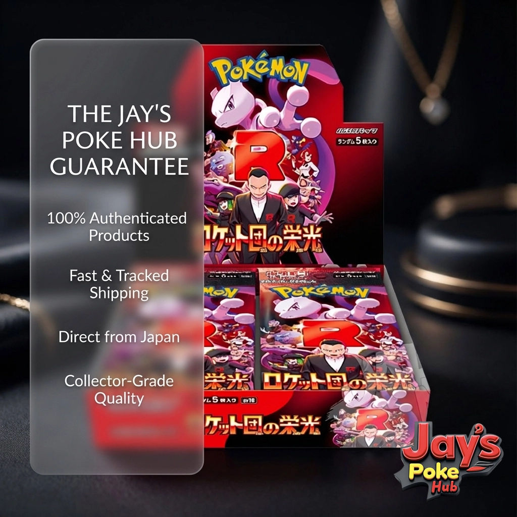 Display of Japanese Pokémon Team Rocket booster boxes featuring Mewtwo and Team Rocket artwork. Overlay text highlights Jay’s Poke Hub guarantee: 100% authenticated products, fast tracked shipping, direct-from-Japan sourcing, and collector-grade quality. Jay’s Poke Hub logo is visible in the bottom right. Collector-focused, premium sealed product.