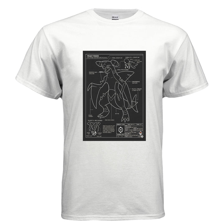 White t-shirt with a black graphic design on a white background GARCHOMP