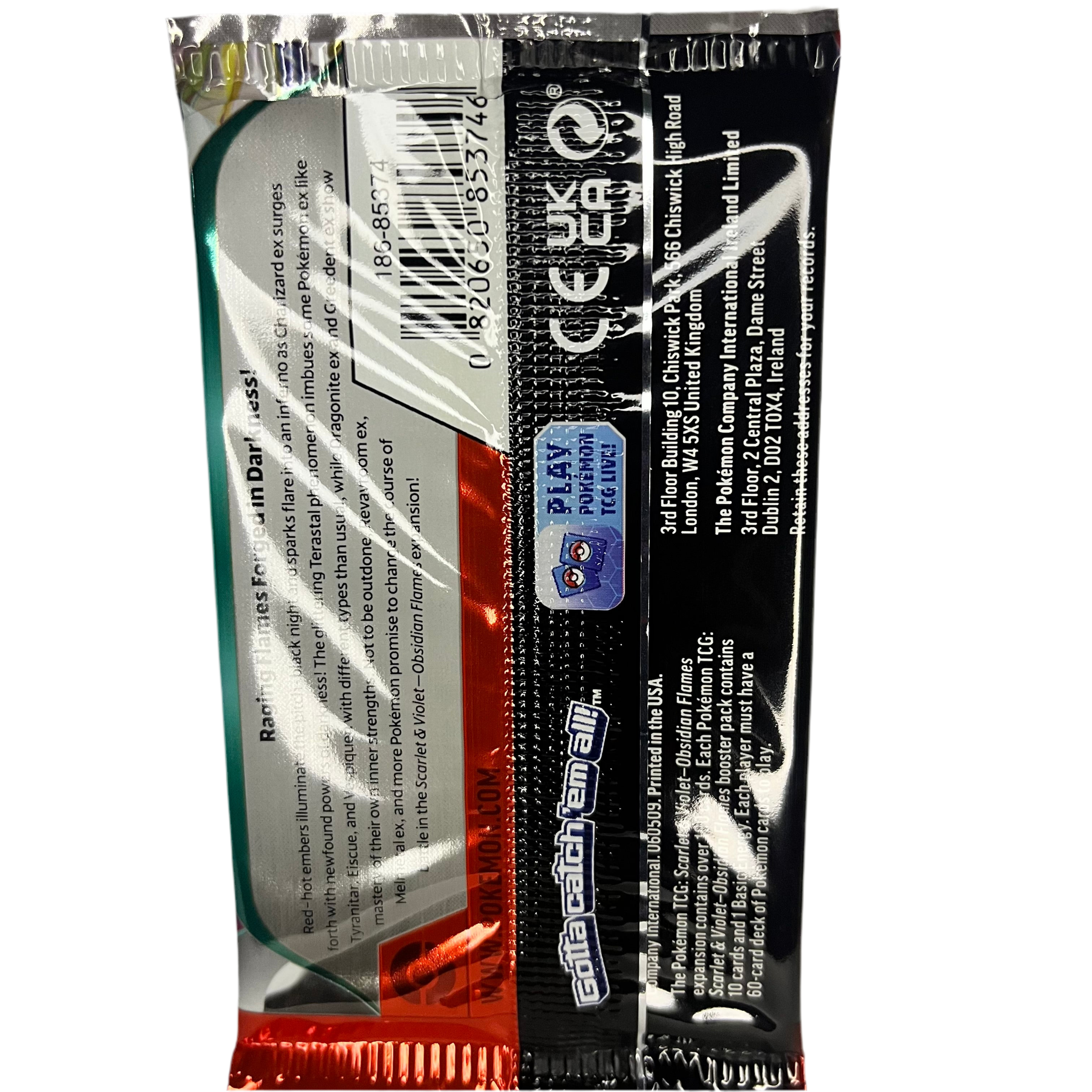 pokemon cards TCG scarlet and violet booster pack back view with no background obsidien flams