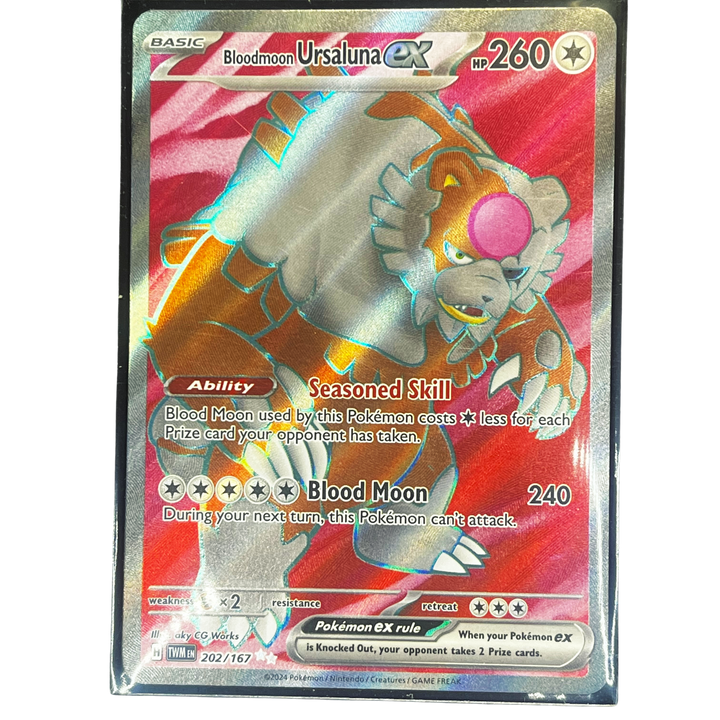 Pokémon trading card featuring Bloodmoon Ursaluna EX with red and gold design