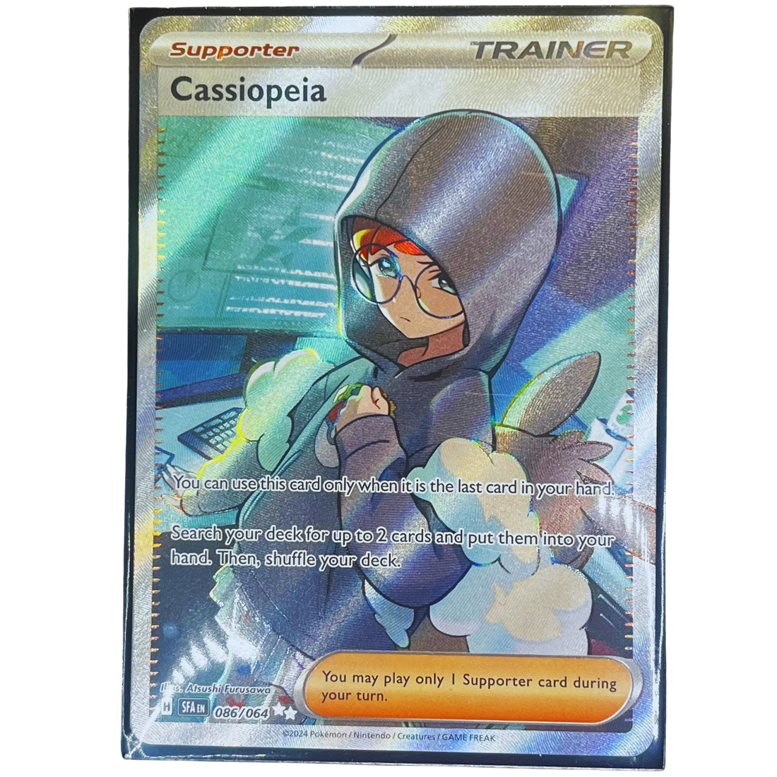 Trading card featuring a character named Cassiopeia with game text and graphics. Cassiopeia 086/064 Pokémon TCG English card in Mint condition