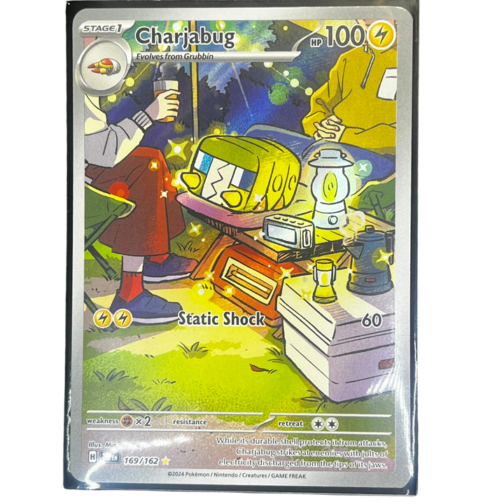 Pokémon trading card featuring Charjabug with a colorful background. Charjabug 169/162 Pokémon card in mint condition – English Pokémon TCG