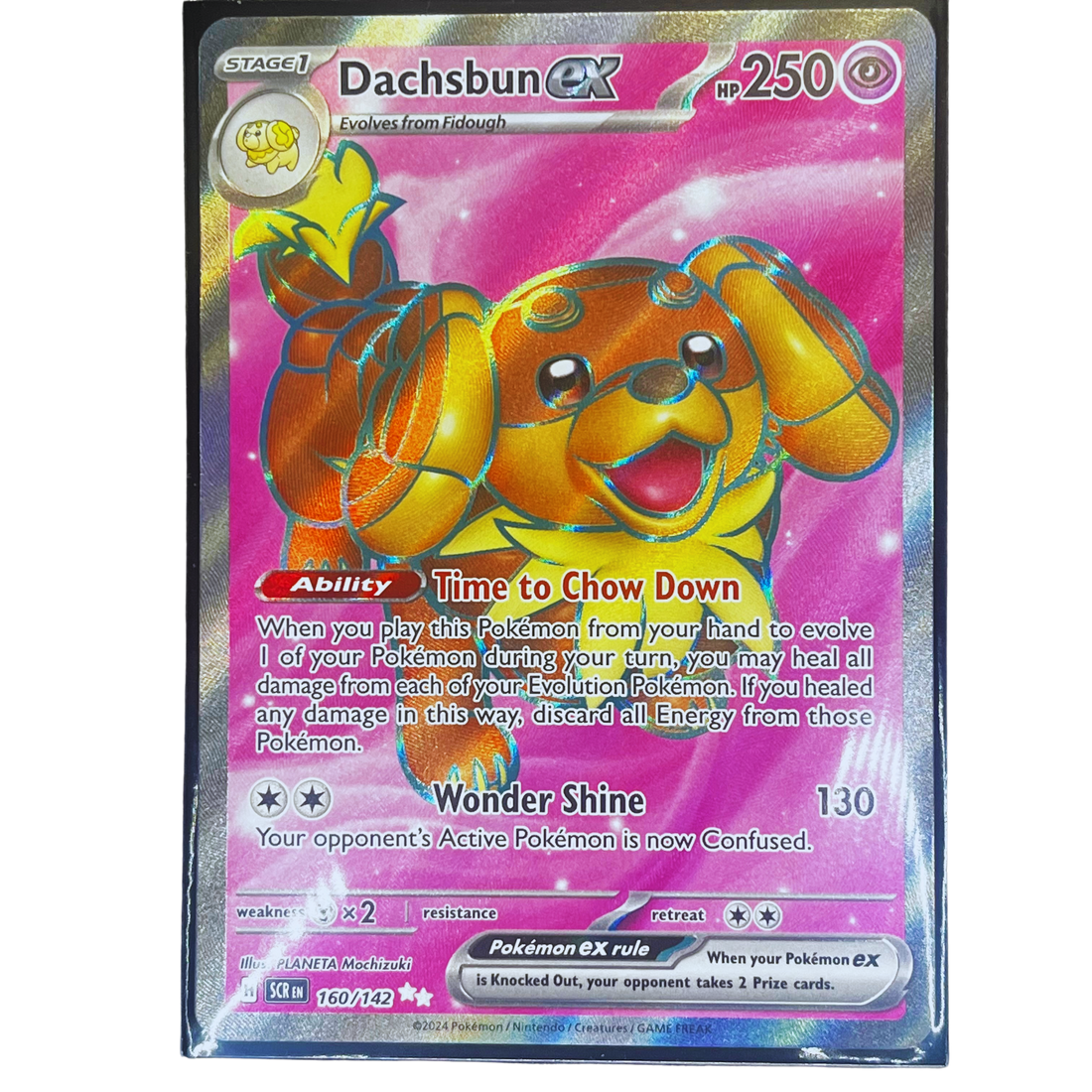 Dachsbun EX 160/142 Secret Rare English Pokémon card from Scarlet & Violet set in Near Mint condition – holographic EX card featuring Dachsbun with full-art design, collectible trading card for Pokémon TCG players and collectors