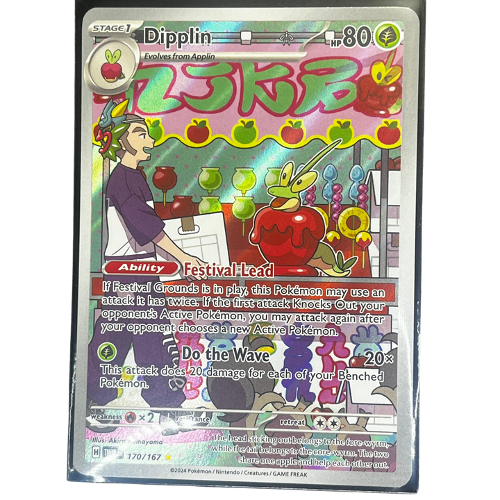 Dipplin 170/167 Secret Rare English Pokémon card from Scarlet & Violet set in Mint condition – holographic full-art Dipplin EX card with vibrant green and gold design, collectible trading card for Pokémon TCG players and collectors